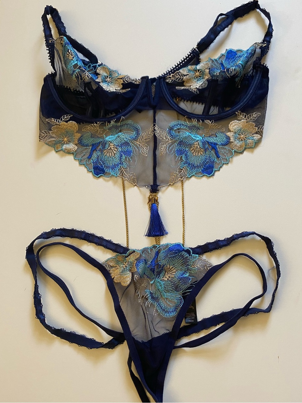 Dreamgirl Navy Blue Floral Embroidered Sheer Lingerie Set with Gold Tassel - M